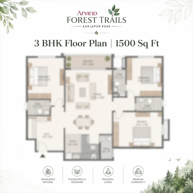 Arvind Sarjapur Road 3 BHK Entry floor plan - 1,500 sqft saleable